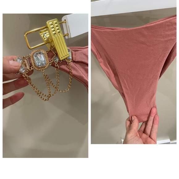 NWT dusty rose rhinestone competition M XL triangle string scrunch jewels bikini - Picture 16 of 16